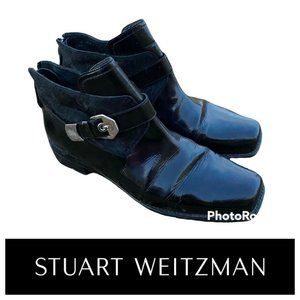 Stuart Weitzman Ankle Moto Boots Booties Sz 8.5 Patent Leather Calf Hair Black